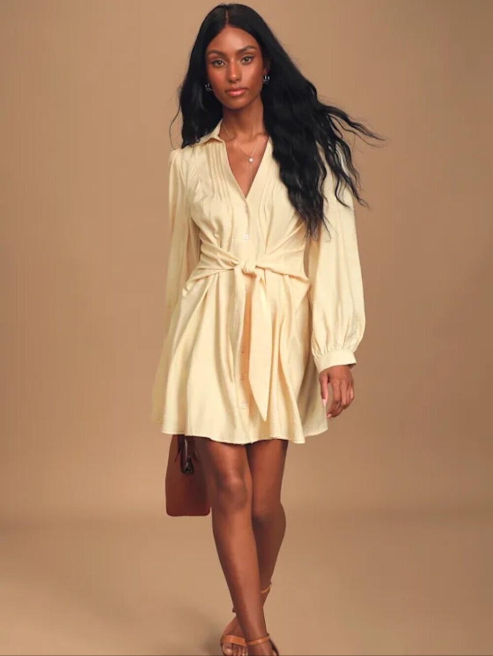 Lulus Sway of Life Cream Button-Up Tie-Front Shirt Dress sz S Long Sleeve EUC